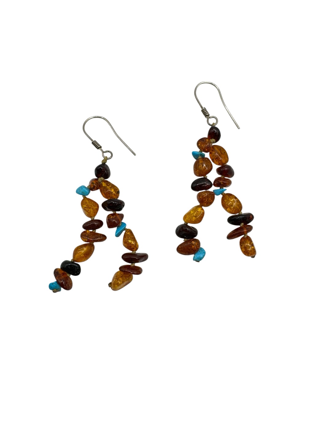 Vintage Sterling Double Tassel Strand Amber And Turquoise Dangle Earrings 2”